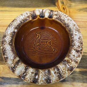 Vintage HULL Brown Drip Ceramic Ashtray with Running Deer Design